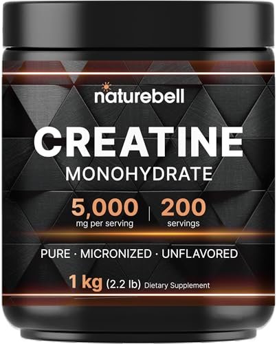 NatureBell Kreatin-Monohydrat Pulver 1000g, 5000mg pro Portion, 200 Portionen (2,2 lb) | Mikronisiert, Rein & Ungeschmackt | Pre-Workout Muskelunterstützung* | Keto, Vegan, Ohne Füllstoffe