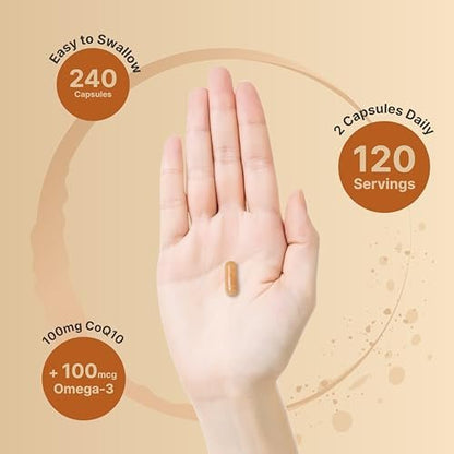 NatureBell CoQ10 100mg mit Omega 3, 240 Kapseln | Stabile, hochabsorbierbare Form – Antioxidantien-Unterstützung für Herz- & Energiegesundheit – Extra starkes Coenzym Q10