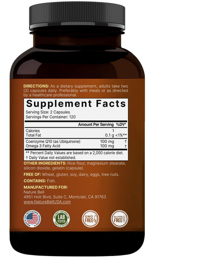 NatureBell CoQ10 100mg mit Omega 3, 240 Kapseln | Stabile, hochabsorbierbare Form – Antioxidantien-Unterstützung für Herz- & Energiegesundheit – Extra starkes Coenzym Q10