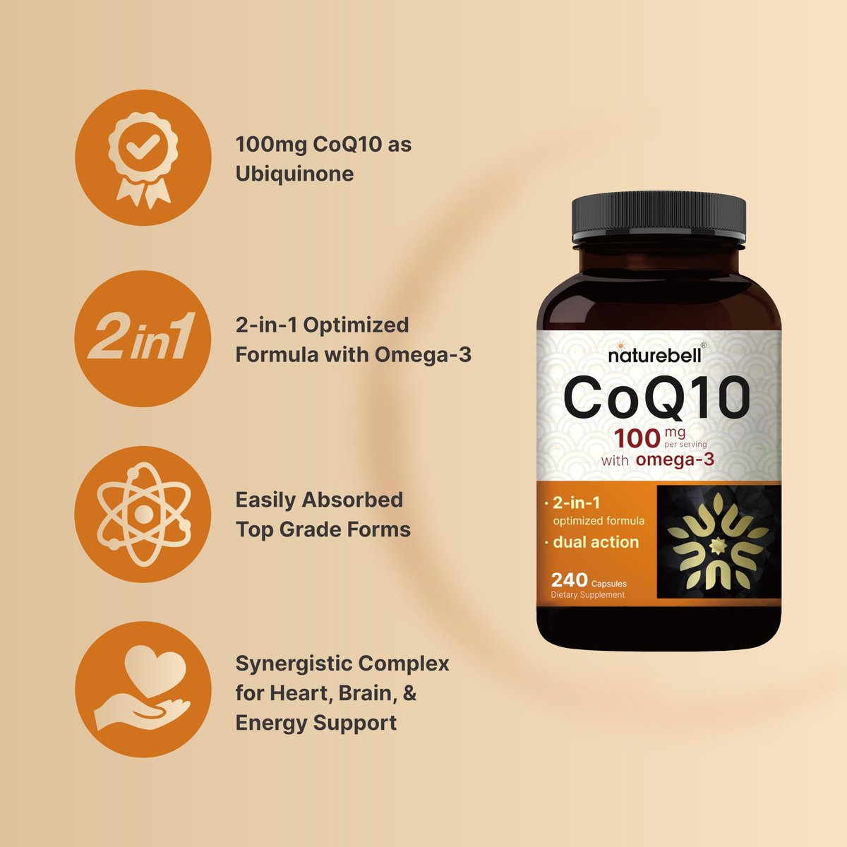 NatureBell CoQ10 100mg mit Omega 3, 240 Kapseln | Stabile, hochabsorbierbare Form – Antioxidantien-Unterstützung für Herz- & Energiegesundheit – Extra starkes Coenzym Q10