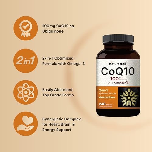 NatureBell CoQ10 100mg mit Omega 3, 240 Kapseln | Stabile, hochabsorbierbare Form – Antioxidantien-Unterstützung für Herz- & Energiegesundheit – Extra starkes Coenzym Q10