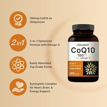 NatureBell CoQ10 100mg mit Omega 3, 240 Kapseln | Stabile, hochabsorbierbare Form – Antioxidantien-Unterstützung für Herz- & Energiegesundheit – Extra starkes Coenzym Q10