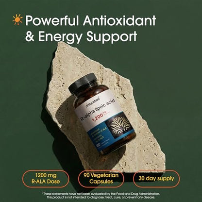 NatureBell R-Alpha-Liponsäure - 90 Kapseln - 1.200 mg R-ALA pro Portion - Antioxidans & zelluläre Energieunterstützung* - Stabilisiertes R-Isomer ALA - Non-GMO & Glutenfrei
