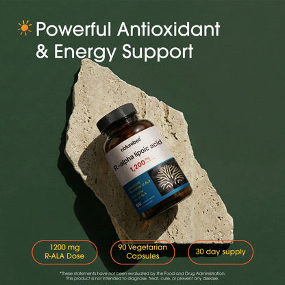 NatureBell R-Alpha-Liponsäure - 90 Kapseln - 1.200 mg R-ALA pro Portion - Antioxidans & zelluläre Energieunterstützung* - Stabilisiertes R-Isomer ALA - Non-GMO & Glutenfrei