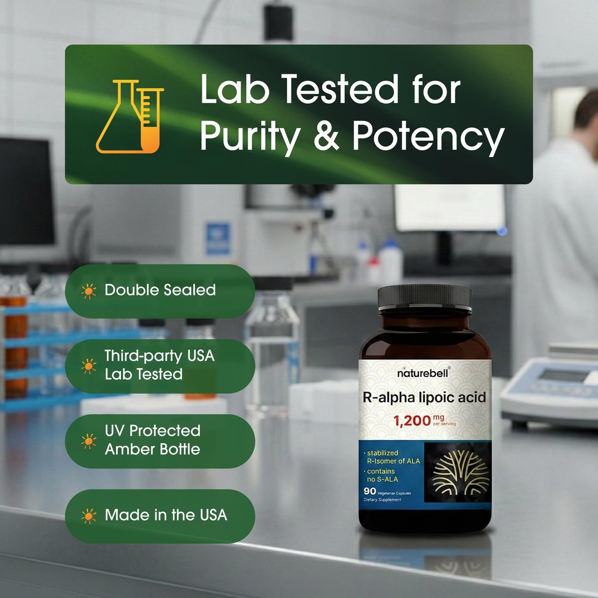 NatureBell R-Alpha-Liponsäure - 90 Kapseln - 1.200 mg R-ALA pro Portion - Antioxidans & zelluläre Energieunterstützung* - Stabilisiertes R-Isomer ALA - Non-GMO & Glutenfrei