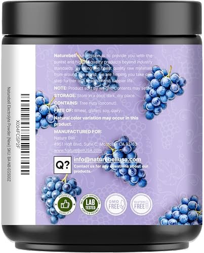 NatureBell Elektrolytpulver ohne Zucker, 500g (76 Portionen) | Keto-Erfrischungspulver, Carnivore-freundlich – 1.000 mg Kalium, Mineralien & Kokoswasser – Concord Traube Geschmack