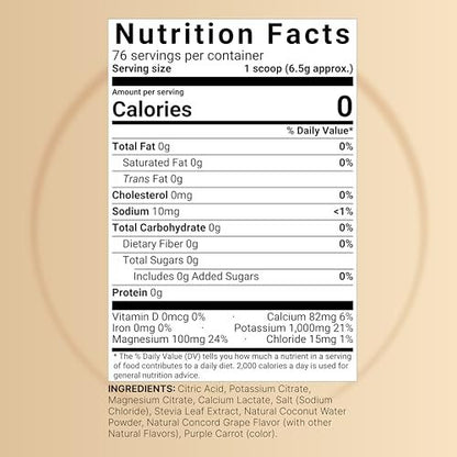 NatureBell Elektrolytpulver ohne Zucker, 500g (76 Portionen) | Keto-Erfrischungspulver, Carnivore-freundlich – 1.000 mg Kalium, Mineralien & Kokoswasser – Concord Traube Geschmack