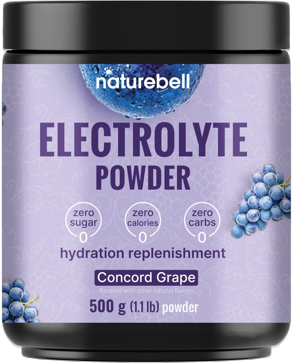 NatureBell Elektrolytpulver ohne Zucker, 500g (76 Portionen) | Keto-Erfrischungspulver, Carnivore-freundlich – 1.000 mg Kalium, Mineralien & Kokoswasser – Concord Traube Geschmack