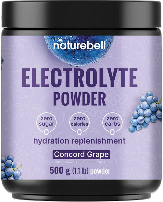 NatureBell Elektrolytpulver ohne Zucker, 500g (76 Portionen) | Keto-Erfrischungspulver, Carnivore-freundlich – 1.000 mg Kalium, Mineralien & Kokoswasser – Concord Traube Geschmack