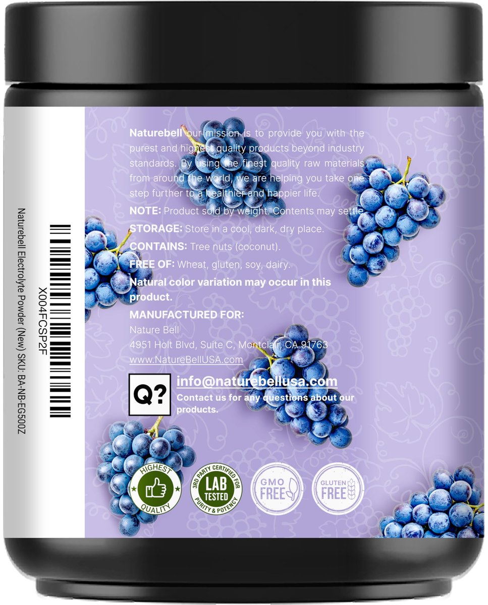 NatureBell Elektrolytpulver ohne Zucker, 500g (76 Portionen) | Keto-Erfrischungspulver, Carnivore-freundlich – 1.000 mg Kalium, Mineralien & Kokoswasser – Concord Traube Geschmack