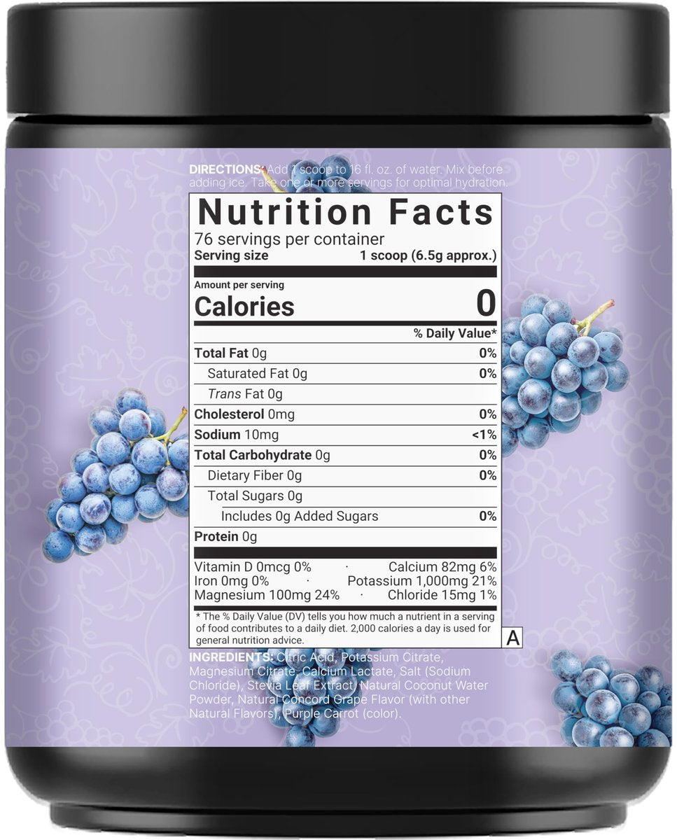 NatureBell Elektrolytpulver ohne Zucker, 500g (76 Portionen) | Keto-Erfrischungspulver, Carnivore-freundlich – 1.000 mg Kalium, Mineralien & Kokoswasser – Concord Traube Geschmack