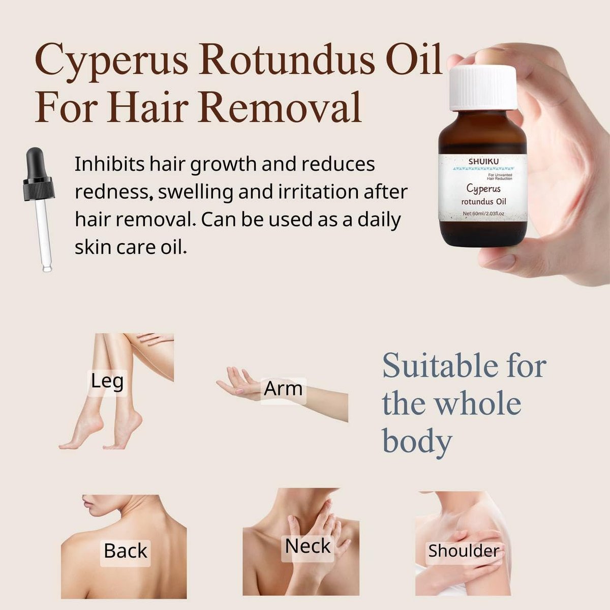 Cyperus Rotundus Öl zur Haarentfernung 2er-Pack – 100% reines natürliches Zypernöl – Organischer Kräuterwurzelextrakt für glatte Haut, Reduzierung von Körperbehaarung, eingewachsenen Haaren & Pflege – 60 ml