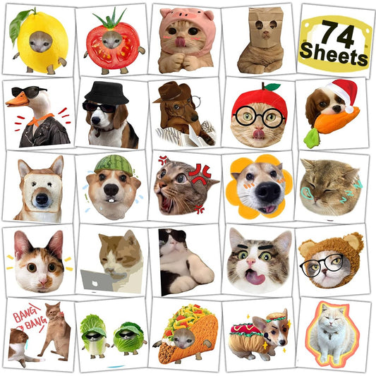 CHARLENT Lustige Katzen Meme Temporäre Tattoos - 74 Einzelne Blätter, Witzige Tiermeme Tattoos für Geburtstagsdekoration, Partyzubehör, Schulbelohnungen, Geschenkideen für Mädchen und Jungen