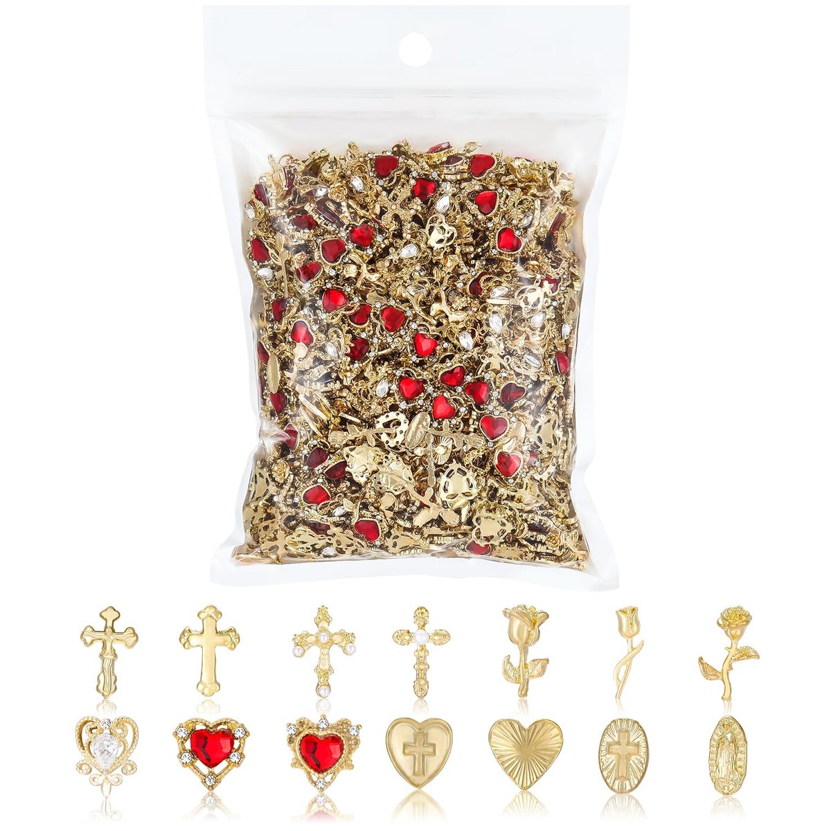 128-teiliges Gold-Nagelcharm-Set mit Strasssteinen und Edelsteinen – Rosen, Herzen, Kreuze und Jungfrau Maria – Y2K 3D-glänzender Nagelschmuck-Zubehör