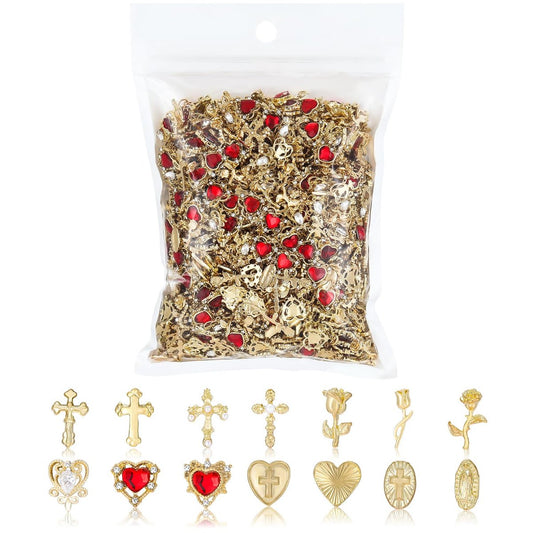 128-teiliges Gold-Nagelcharm-Set mit Strasssteinen und Edelsteinen – Rosen, Herzen, Kreuze und Jungfrau Maria – Y2K 3D-glänzender Nagelschmuck-Zubehör