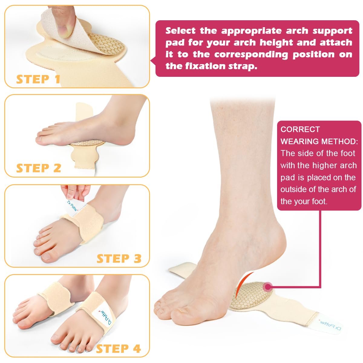 DR. POTTER+ Fußgewölbe-Stützbandagen für Plantarfasziitis, verstellbare Kompressionsbänder mit herausnehmbaren Fußgewölbepolstern für Senkfüße, Hohlfuß, Plattfüße, Fußschmerzen - Beige