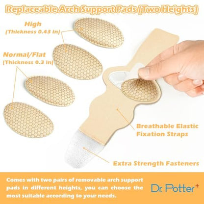 DR. POTTER+ Fußgewölbe-Stützbandagen für Plantarfasziitis, verstellbare Kompressionsbänder mit herausnehmbaren Fußgewölbepolstern für Senkfüße, Hohlfuß, Plattfüße, Fußschmerzen - Beige