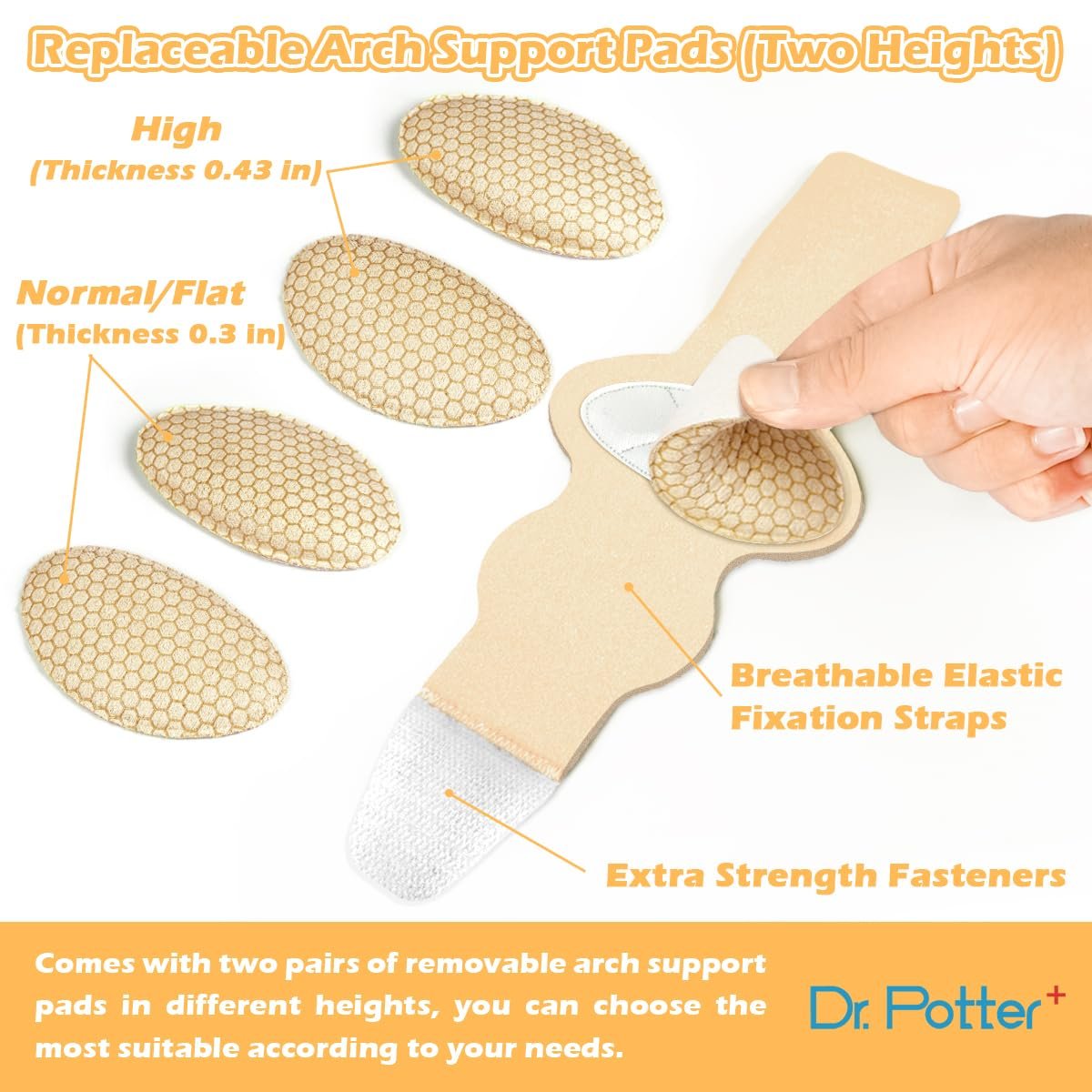 DR. POTTER+ Fußgewölbe-Stützbandagen für Plantarfasziitis, verstellbare Kompressionsbänder mit herausnehmbaren Fußgewölbepolstern für Senkfüße, Hohlfuß, Plattfüße, Fußschmerzen - Beige