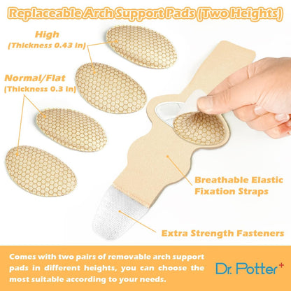 DR. POTTER+ Fußgewölbe-Stützbandagen für Plantarfasziitis, verstellbare Kompressionsbänder mit herausnehmbaren Fußgewölbepolstern für Senkfüße, Hohlfuß, Plattfüße, Fußschmerzen - Beige