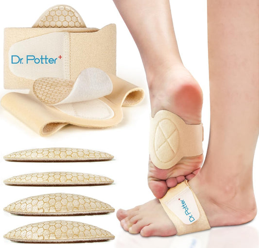 DR. POTTER+ Fußgewölbe-Stützbandagen für Plantarfasziitis, verstellbare Kompressionsbänder mit herausnehmbaren Fußgewölbepolstern für Senkfüße, Hohlfuß, Plattfüße, Fußschmerzen - Beige