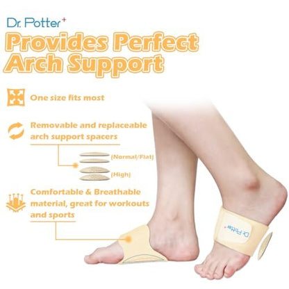 DR. POTTER+ Fußgewölbe-Stützbandagen für Plantarfasziitis, verstellbare Kompressionsbänder mit herausnehmbaren Fußgewölbepolstern für Senkfüße, Hohlfuß, Plattfüße, Fußschmerzen - Beige