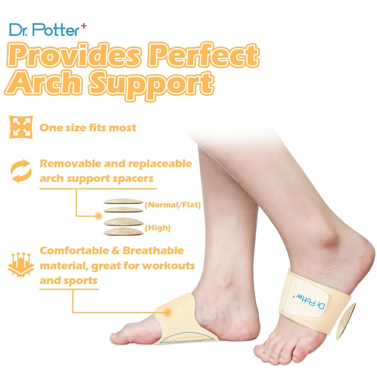 DR. POTTER+ Fußgewölbe-Stützbandagen für Plantarfasziitis, verstellbare Kompressionsbänder mit herausnehmbaren Fußgewölbepolstern für Senkfüße, Hohlfuß, Plattfüße, Fußschmerzen - Beige