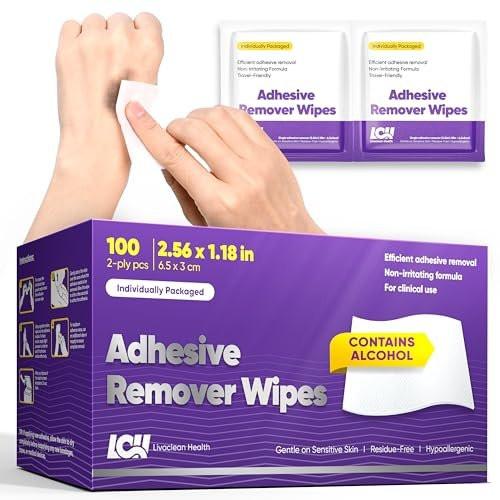 100 CT Adhesive Remover Wipes – Starker & Effektiver Hautkleberentferner – 2-lagig 2,56x1,18 Zoll (6,5x3 cm) – Medizinischer Kleberentferner für Pflaster, Tape, Verbände und Stomarest – von Livaclean Health