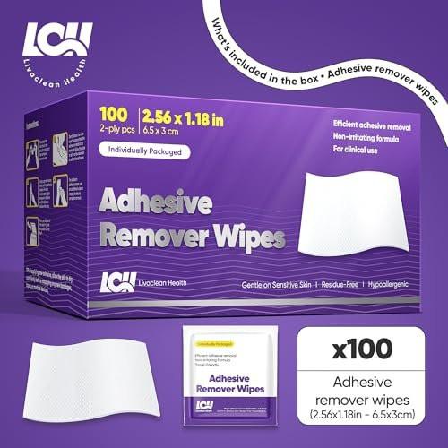 100 CT Adhesive Remover Wipes – Starker & Effektiver Hautkleberentferner – 2-lagig 2,56x1,18 Zoll (6,5x3 cm) – Medizinischer Kleberentferner für Pflaster, Tape, Verbände und Stomarest – von Livaclean Health