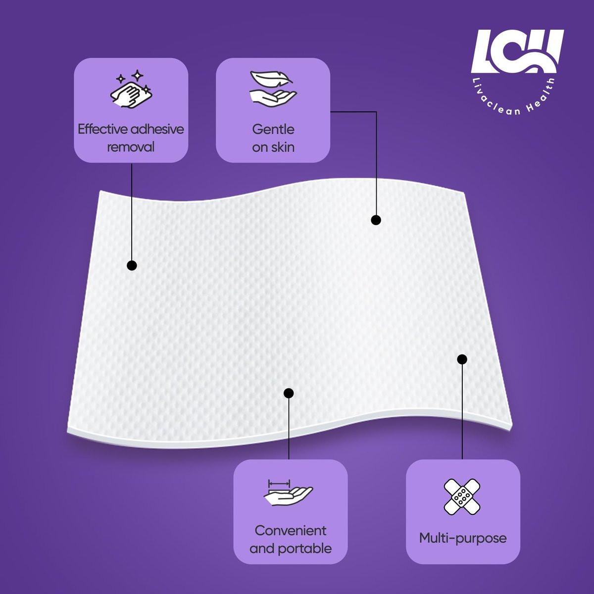 100 CT Adhesive Remover Wipes – Starker & Effektiver Hautkleberentferner – 2-lagig 2,56x1,18 Zoll (6,5x3 cm) – Medizinischer Kleberentferner für Pflaster, Tape, Verbände und Stomarest – von Livaclean Health
