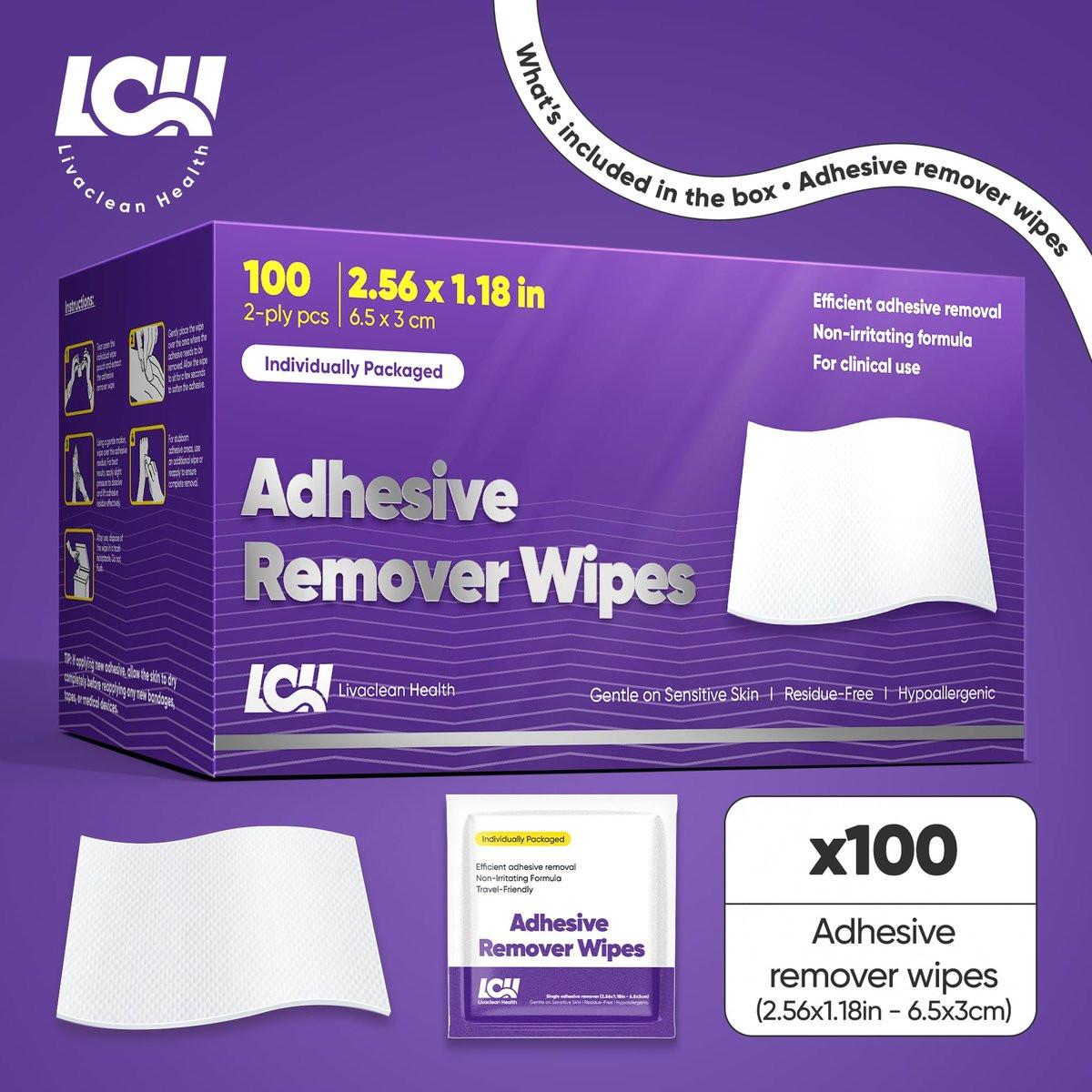 100 CT Adhesive Remover Wipes – Starker & Effektiver Hautkleberentferner – 2-lagig 2,56x1,18 Zoll (6,5x3 cm) – Medizinischer Kleberentferner für Pflaster, Tape, Verbände und Stomarest – von Livaclean Health