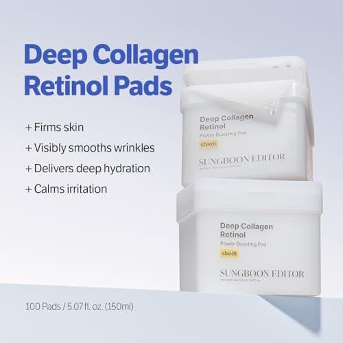SUNGBOON EDITOR Deep Collagen Retinol Power Boosting Pads – Feuchtigkeits- und Anti-Aging-Pads für trockene Haut, 100 Stück
