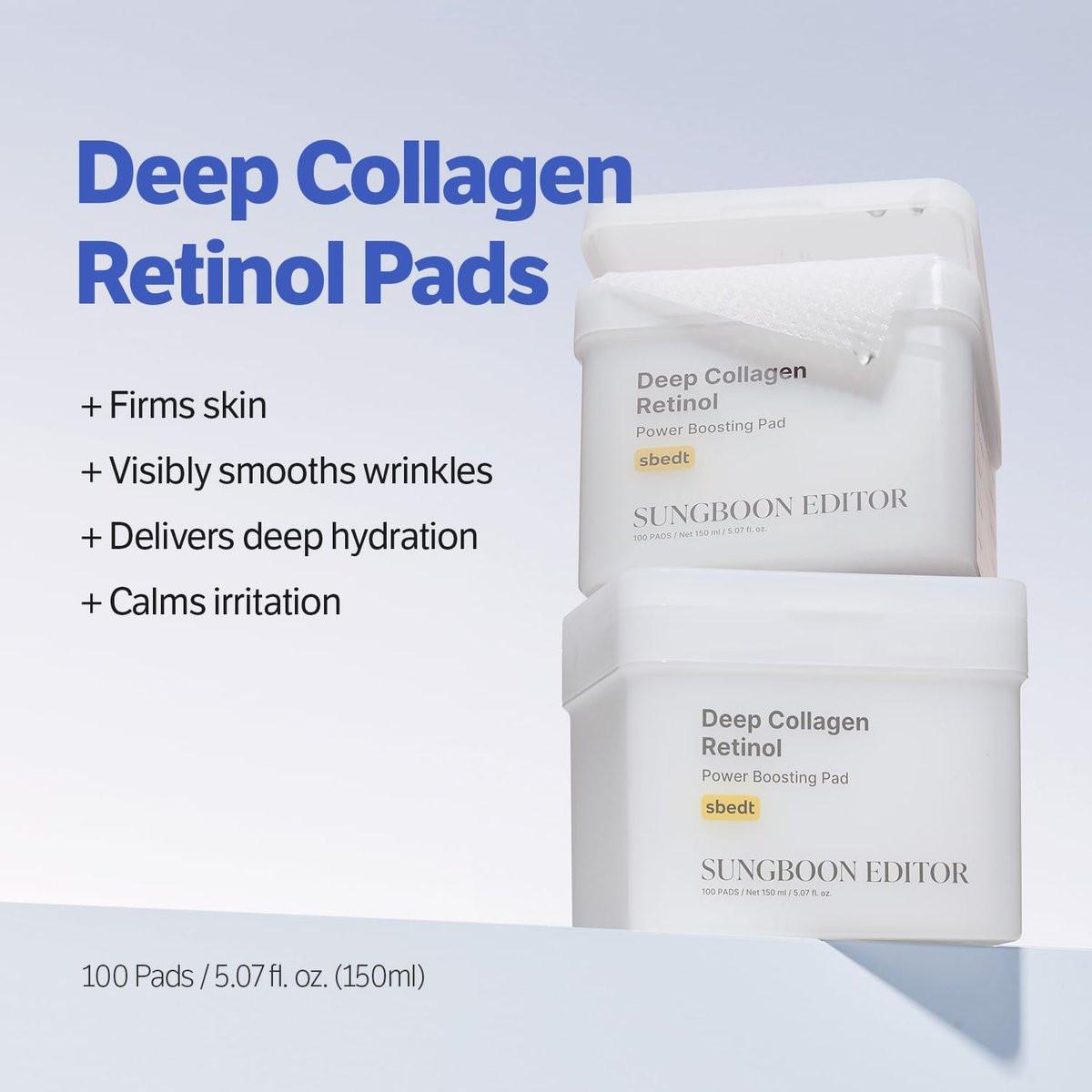 SUNGBOON EDITOR Deep Collagen Retinol Power Boosting Pads – Feuchtigkeits- und Anti-Aging-Pads für trockene Haut, 100 Stück