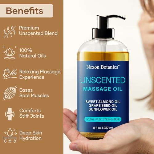 Duftfreies Massageöl für Massagetherapie 8 fl oz – Erfrischend und Entspannend – Natürliche Öle mit Süßmandel-, Traubenkern- und Sonnenblumenöl – für Männer und Frauen – Nexon Botanics