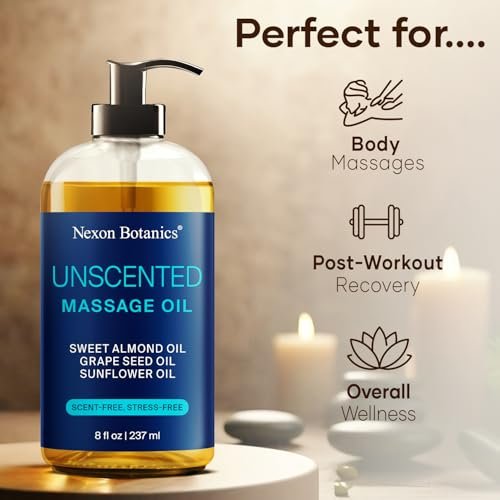 Duftfreies Massageöl für Massagetherapie 8 fl oz – Erfrischend und Entspannend – Natürliche Öle mit Süßmandel-, Traubenkern- und Sonnenblumenöl – für Männer und Frauen – Nexon Botanics