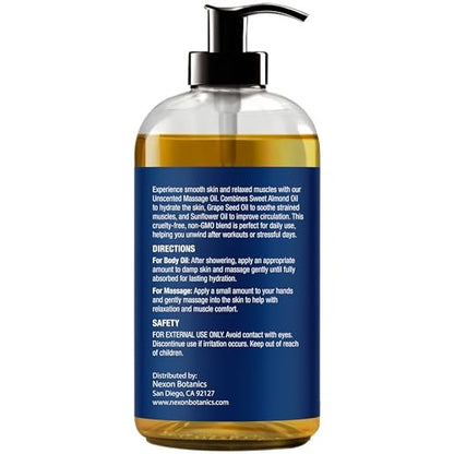 Duftfreies Massageöl für Massagetherapie 8 fl oz – Erfrischend und Entspannend – Natürliche Öle mit Süßmandel-, Traubenkern- und Sonnenblumenöl – für Männer und Frauen – Nexon Botanics