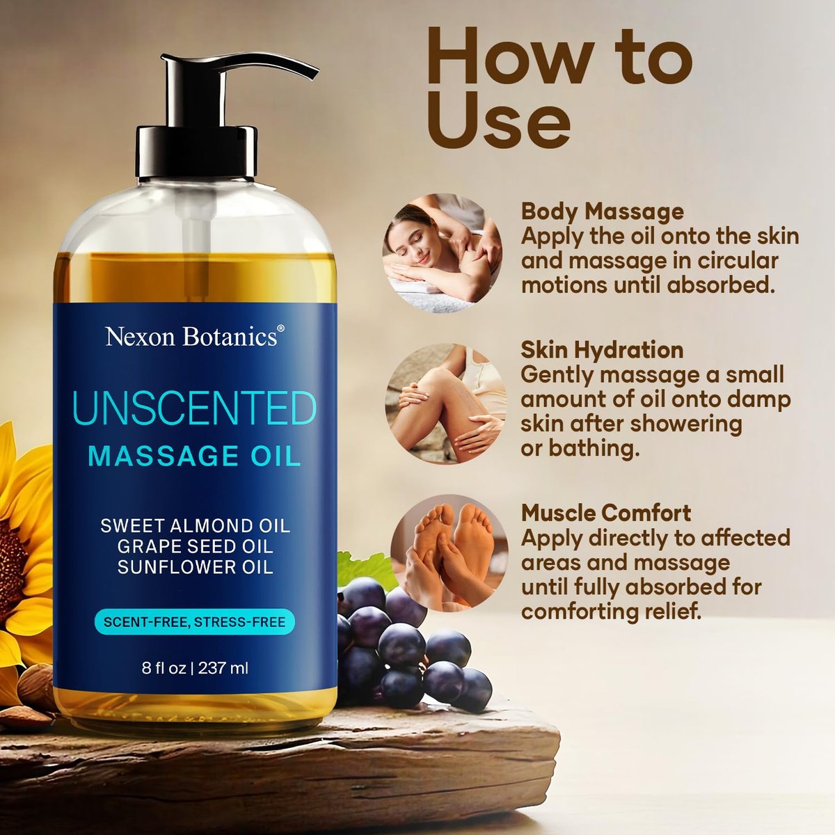 Duftfreies Massageöl für Massagetherapie 8 fl oz – Erfrischend und Entspannend – Natürliche Öle mit Süßmandel-, Traubenkern- und Sonnenblumenöl – für Männer und Frauen – Nexon Botanics