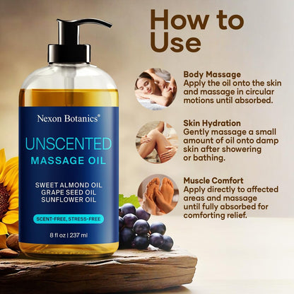 Duftfreies Massageöl für Massagetherapie 8 fl oz – Erfrischend und Entspannend – Natürliche Öle mit Süßmandel-, Traubenkern- und Sonnenblumenöl – für Männer und Frauen – Nexon Botanics