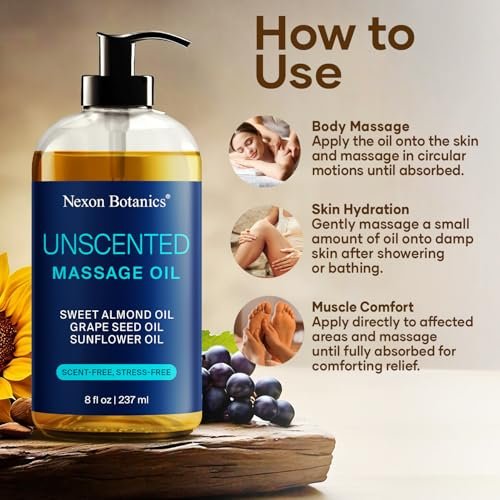 Duftfreies Massageöl für Massagetherapie 8 fl oz – Erfrischend und Entspannend – Natürliche Öle mit Süßmandel-, Traubenkern- und Sonnenblumenöl – für Männer und Frauen – Nexon Botanics