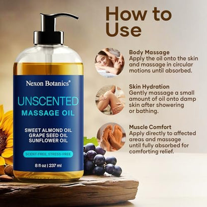 Duftfreies Massageöl für Massagetherapie 8 fl oz – Erfrischend und Entspannend – Natürliche Öle mit Süßmandel-, Traubenkern- und Sonnenblumenöl – für Männer und Frauen – Nexon Botanics
