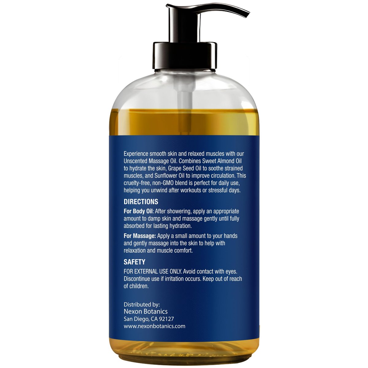 Duftfreies Massageöl für Massagetherapie 8 fl oz – Erfrischend und Entspannend – Natürliche Öle mit Süßmandel-, Traubenkern- und Sonnenblumenöl – für Männer und Frauen – Nexon Botanics