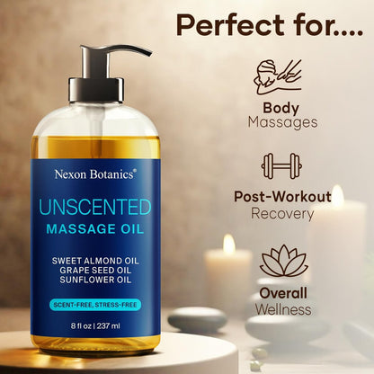 Duftfreies Massageöl für Massagetherapie 8 fl oz – Erfrischend und Entspannend – Natürliche Öle mit Süßmandel-, Traubenkern- und Sonnenblumenöl – für Männer und Frauen – Nexon Botanics