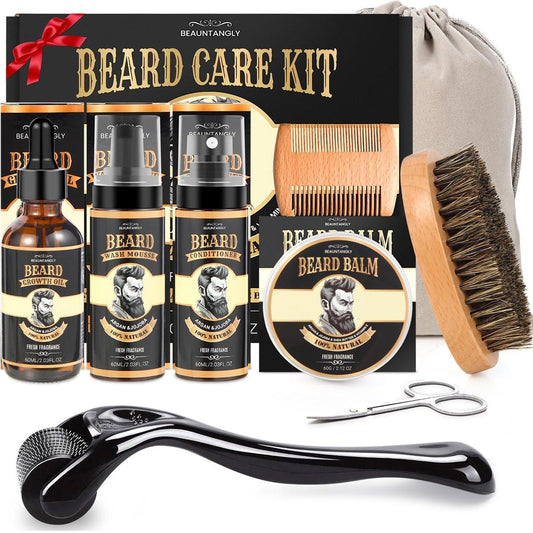 Beard Growth Kit – Komplettes Bartpflegeset mit Wachstumsöl, Conditioner, Balm, Shampoo, 0,25 mm Roller, Bürste, Kamm, Schere, Tasche – Geschenk für Männer zu Weihnachten, Geburtstag, Valentinstag