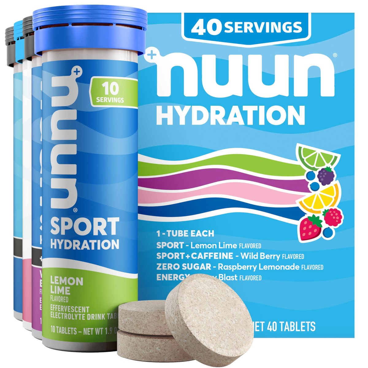 Nuun Hydration Elektrolyt-Tabletten – Natrium, Kalium, Chlorid, Calcium, Magnesium, 1g & 0g Zucker Getränkemischung | Vegan, Glutenfrei, Nicht-GVO | Komplettpackung, gemischte Geschmacksrichtungen, 4er-Pack (40 Portionen insgesamt)