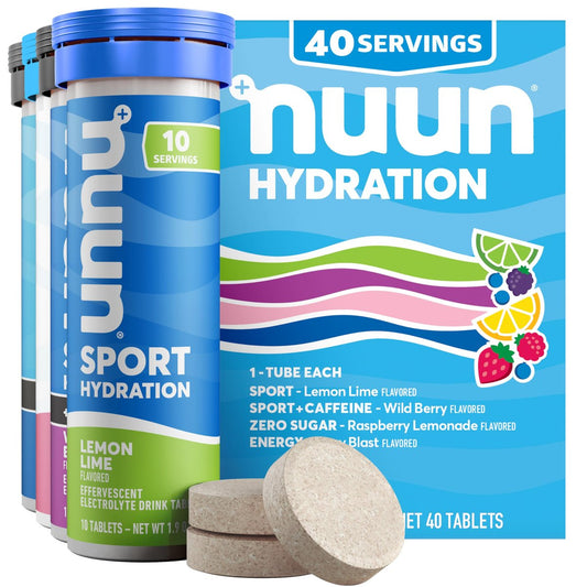 Nuun Hydration Elektrolyt-Tabletten – Natrium, Kalium, Chlorid, Calcium, Magnesium, 1g & 0g Zucker Getränkemischung | Vegan, Glutenfrei, Nicht-GVO | Komplettpackung, gemischte Geschmacksrichtungen, 4er-Pack (40 Portionen insgesamt)