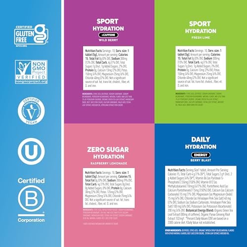 Nuun Hydration Elektrolyt-Tabletten – Natrium, Kalium, Chlorid, Calcium, Magnesium, 1g & 0g Zucker Getränkemischung | Vegan, Glutenfrei, Nicht-GVO | Komplettpackung, gemischte Geschmacksrichtungen, 4er-Pack (40 Portionen insgesamt)