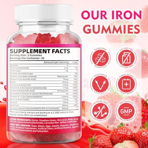 Vegane Eisen-Gummibärchen für Erwachsene & Kinder - mit Vitamin C, A, B-Komplex, Folsäure, Zink und Biotin - zur Blutbildung & Energieunterstützung, 60 Gummibärchen