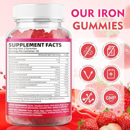 Vegane Eisen-Gummibärchen für Erwachsene & Kinder - mit Vitamin C, A, B-Komplex, Folsäure, Zink und Biotin - zur Blutbildung & Energieunterstützung, 60 Gummibärchen