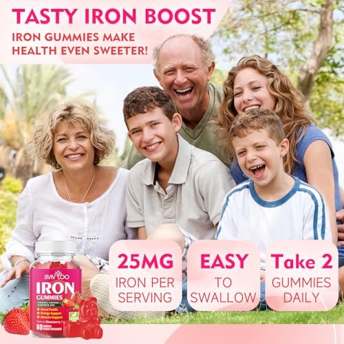 Vegane Eisen-Gummibärchen für Erwachsene & Kinder - mit Vitamin C, A, B-Komplex, Folsäure, Zink und Biotin - zur Blutbildung & Energieunterstützung, 60 Gummibärchen