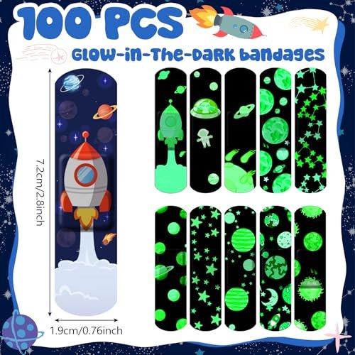 Threlaco 100 Stück Leuchtende Pflaster für Kinder – Niedliche, Atmungsaktive, Wasserdichte Neon-Pflaster für Jungen, Mädchen, Kleinkinder – Selbstklebend und Flexibel für Schnitte, Schrammen, Wunden (Weltraum)
