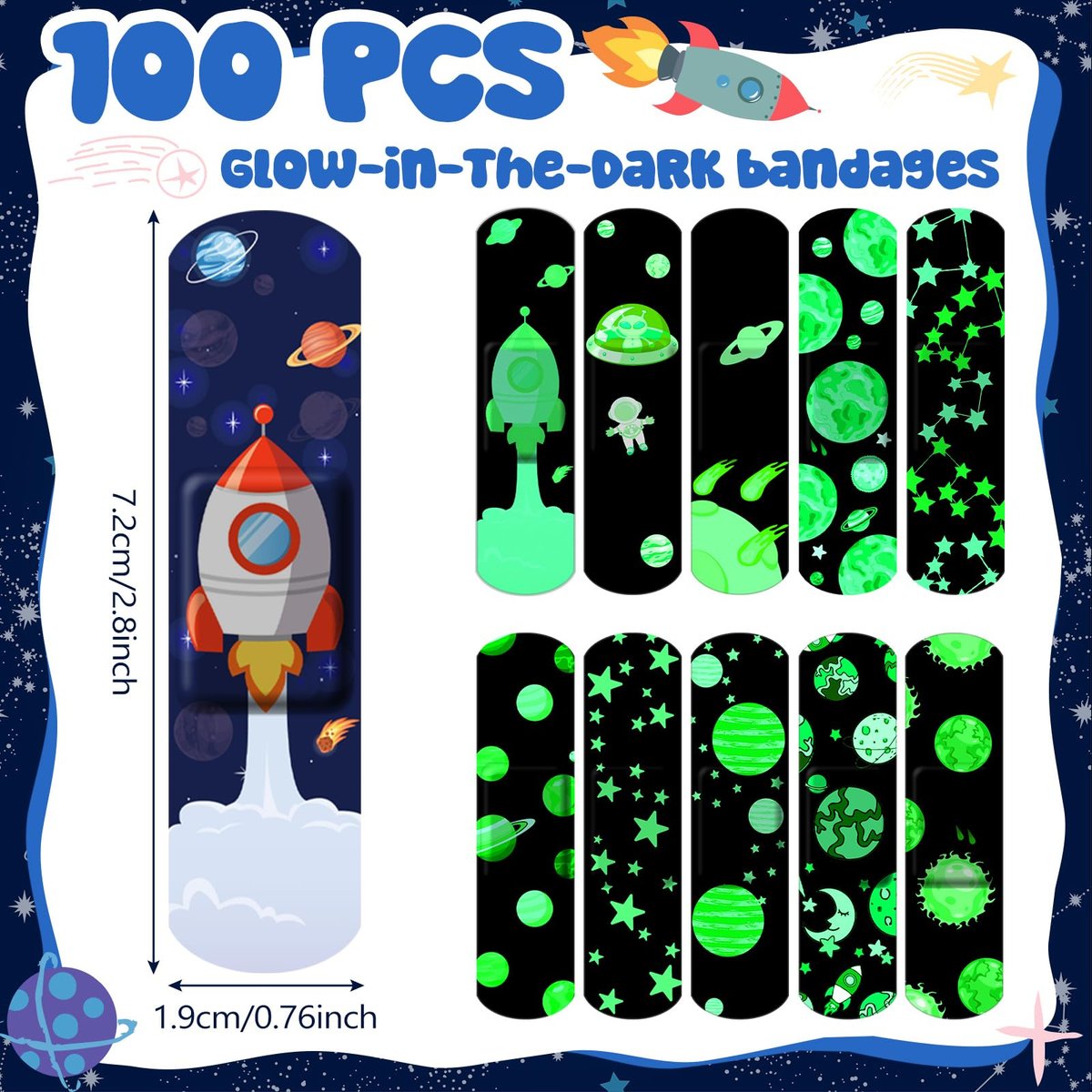 Threlaco 100 Stück Leuchtende Pflaster für Kinder – Niedliche, Atmungsaktive, Wasserdichte Neon-Pflaster für Jungen, Mädchen, Kleinkinder – Selbstklebend und Flexibel für Schnitte, Schrammen, Wunden (Weltraum)